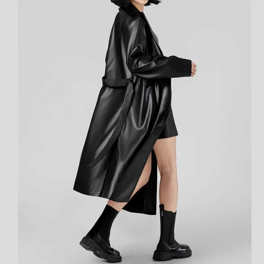 Faux Women's Leather Leather Women Mid Length Coats Faux Leather Jackets Turn Down Collar Pu Coat Work Y2k Streetwear Tight Waist Jacket Outerw