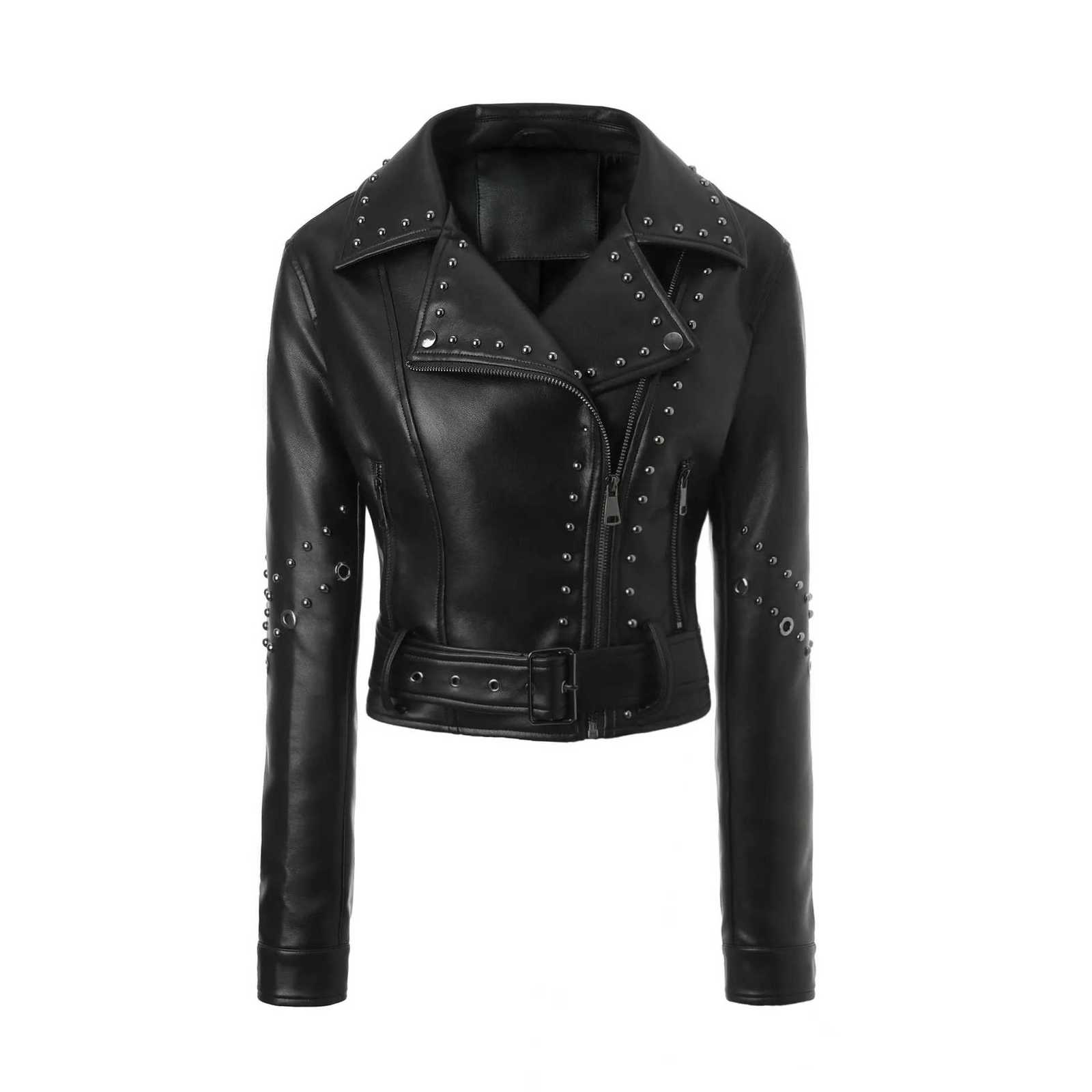 Leather Faux Women's Leather Autumn and winter women's black popular PU slim fit lapel motorcycle jacket punk rock short leather jacket C2