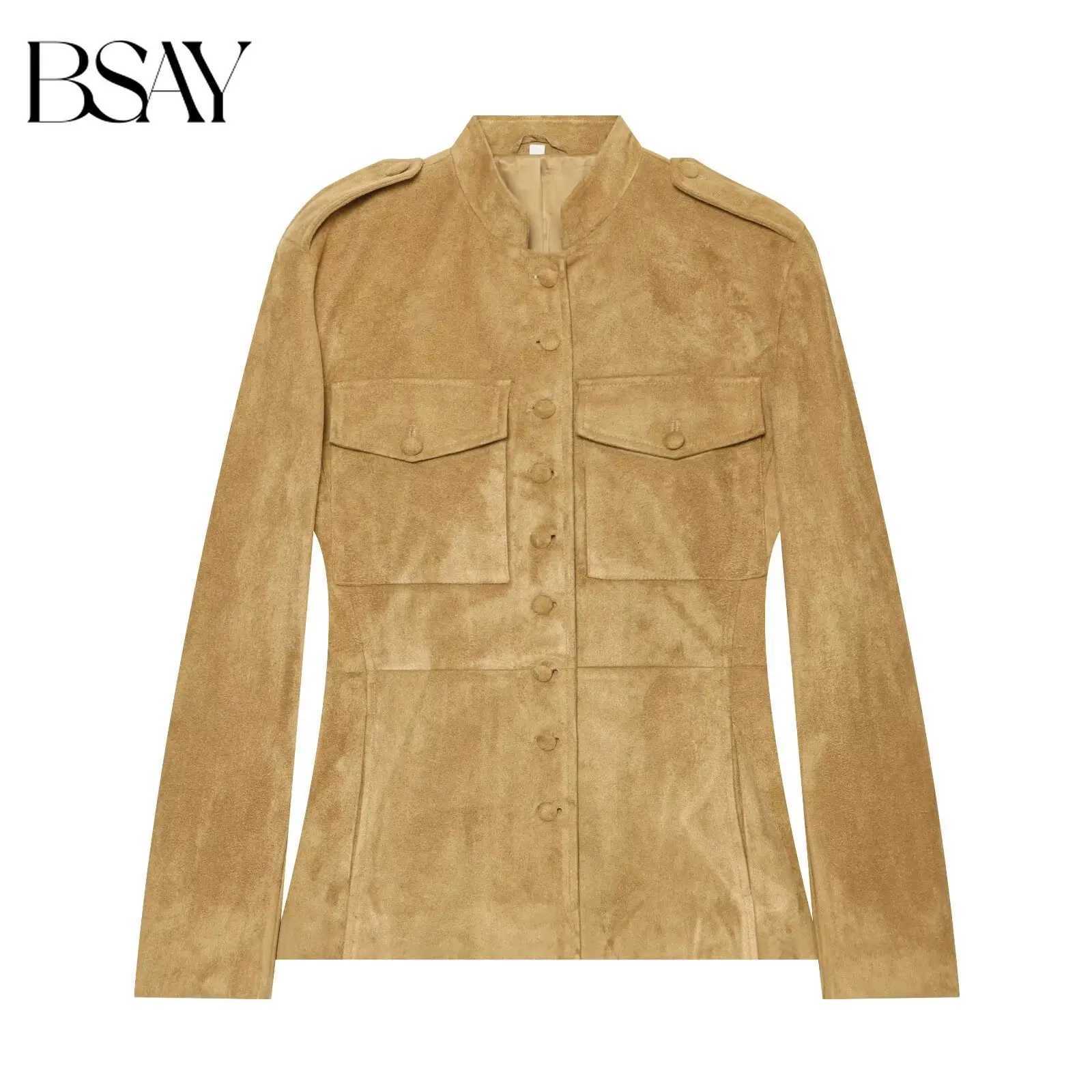 Women's Jackets BSAY 2026 Autumn American Vintage Women Suede Jacket Stand Collar Epaulet Multi Pocket Button Front Fitted Waist Retro Outerwea