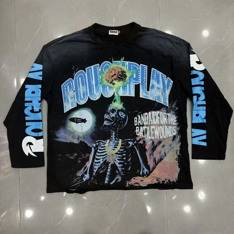 American Hiphop Retro Roughplay Long Sleeved Top Tee Rhinestone Letters Skull Pattern Printed Tshirt Stock 260922