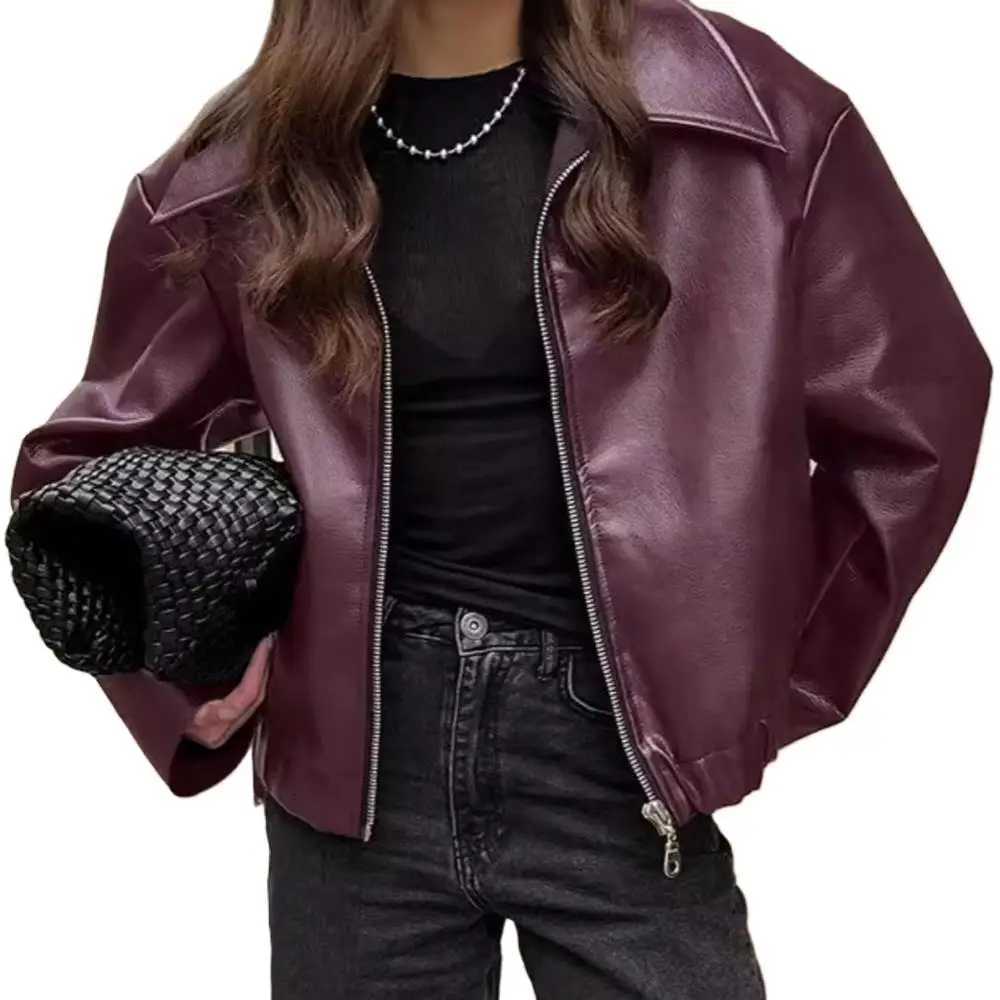 Faux Women's Leather Leather Autumn Women Casual Loose Motorcycle Jacket Turn Down Collar Long Sleeve PU Leather Zip Bomber Coats FYY-500 C2609