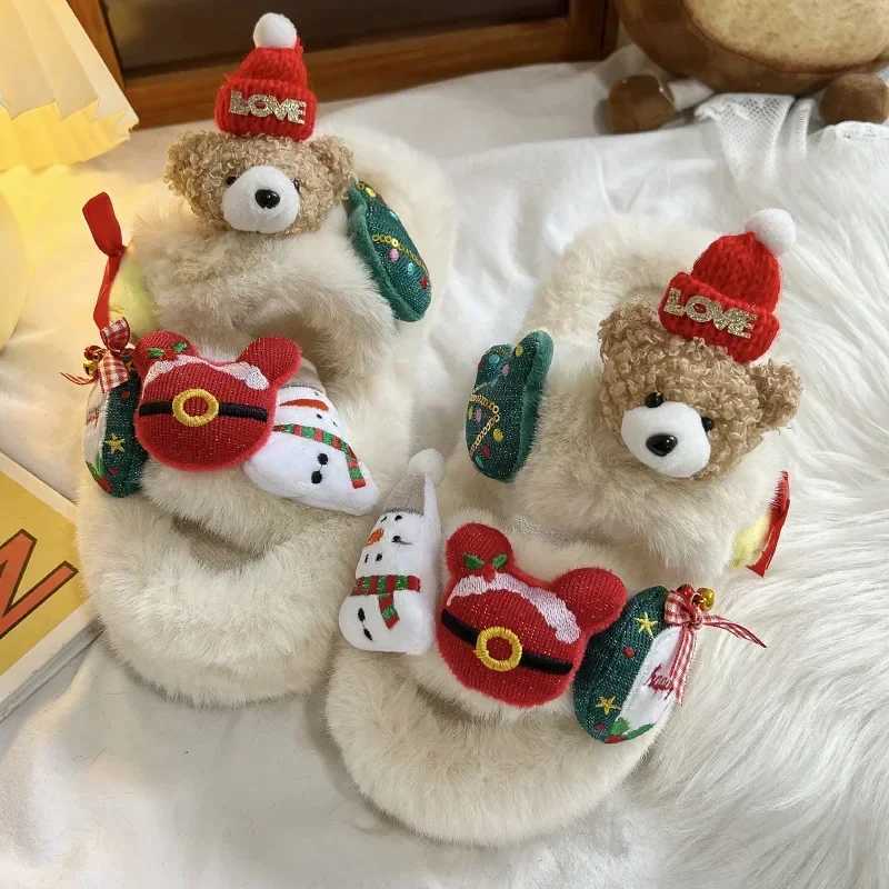 Christmas Women Bear Cotton Plus 2024 Winter Warm Fluffy Fur Slippers Non-slip Sole Indoor Home Couple Shoes for Gift T260922