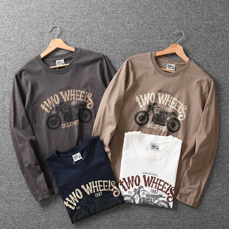 Tracksuits Autumn New Men's American Retro Long-sleeved O-neck Motorcycle Printed T-shirt Men's Simple 100% Cotton Washed Casual Sport Top