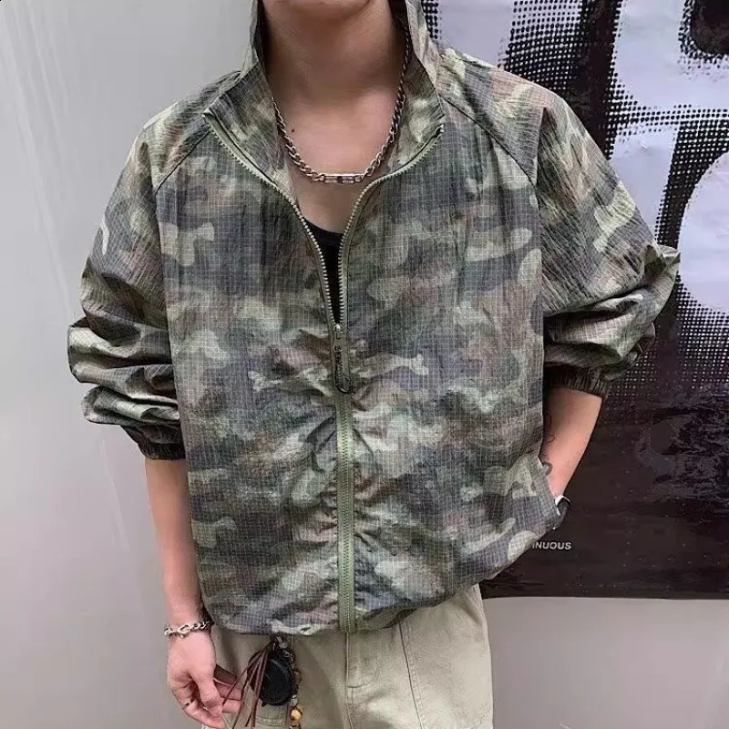 American Retro Camouflage Thin Jacket Men's Summer Sun Protection Clothing Grid Quick Drying Hiking Stand Collar Coat Outdoor 260921