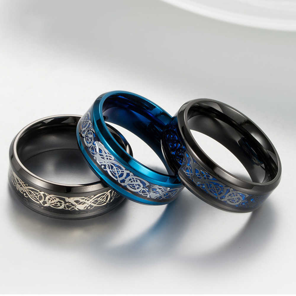 Punk Band Rings Viking Dragon Black Tungsten Wedding Ring Set For Men Stainless Steel Inlaid Blue Carbon Fiber Band Ring Bague HommeT260922
