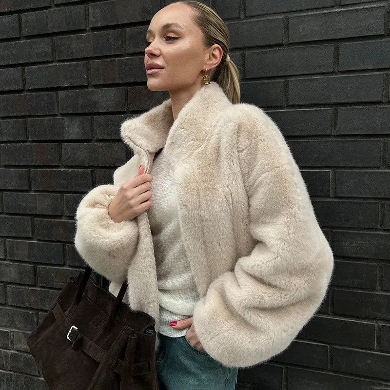 Tuularose Stand-Collar Fur Coat Women's Plush Loose Thickened Autumn Winter Zipper Coat Lady Soft Comfortable Casual Simple Coat 260921