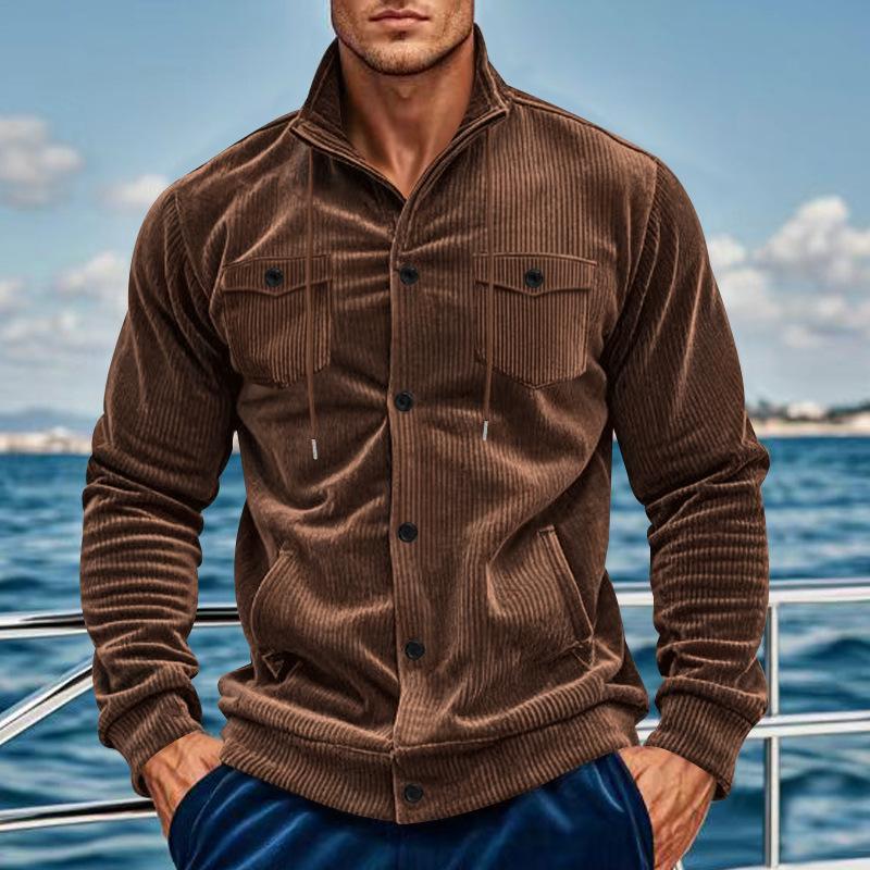 Veste décontractée en velours côtelé pour hommes, manches longues, boutonnée, col montant, cordon de serrage, deux poches poitrine, coupe décontr