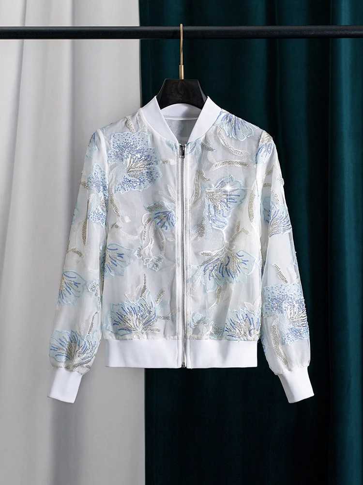 Women's Jackets White Sequin Jacquard Bomber Jacket Women Stand Collar Long Sleeve Casual Fashion Coat Spring Autumn New C260921