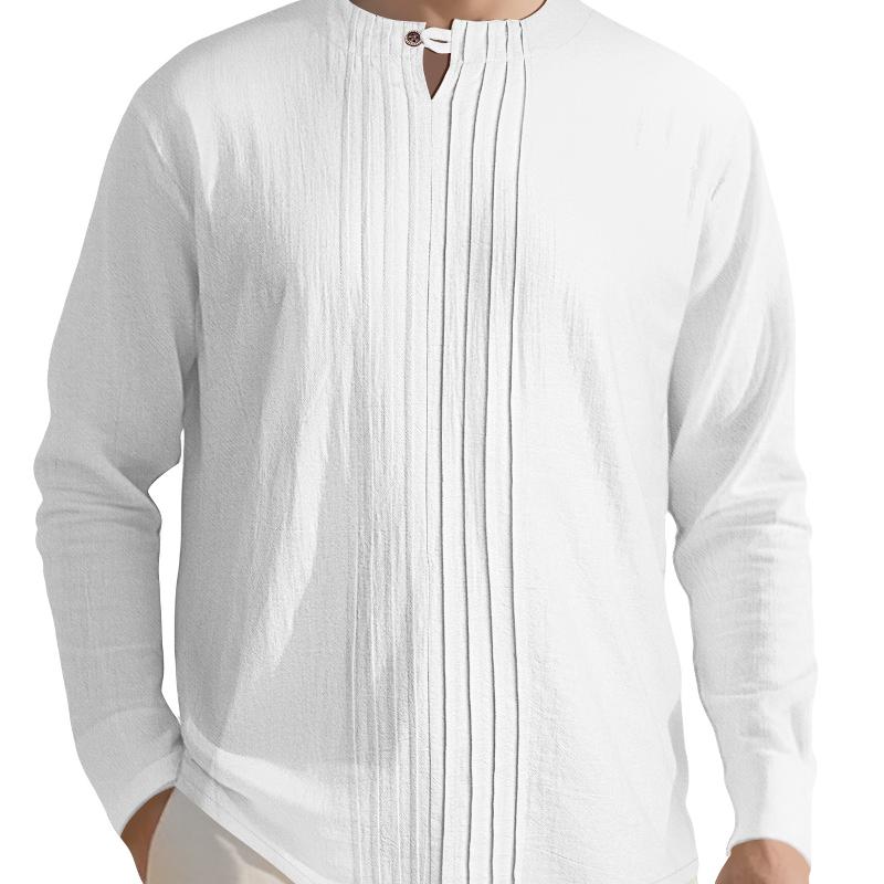 Mens Linen Blend Long Sleeve Henley Shirt Notch Collar Half Button Placket Front Pleated Detail Loose Fit Curved Hem Casual Beach Top