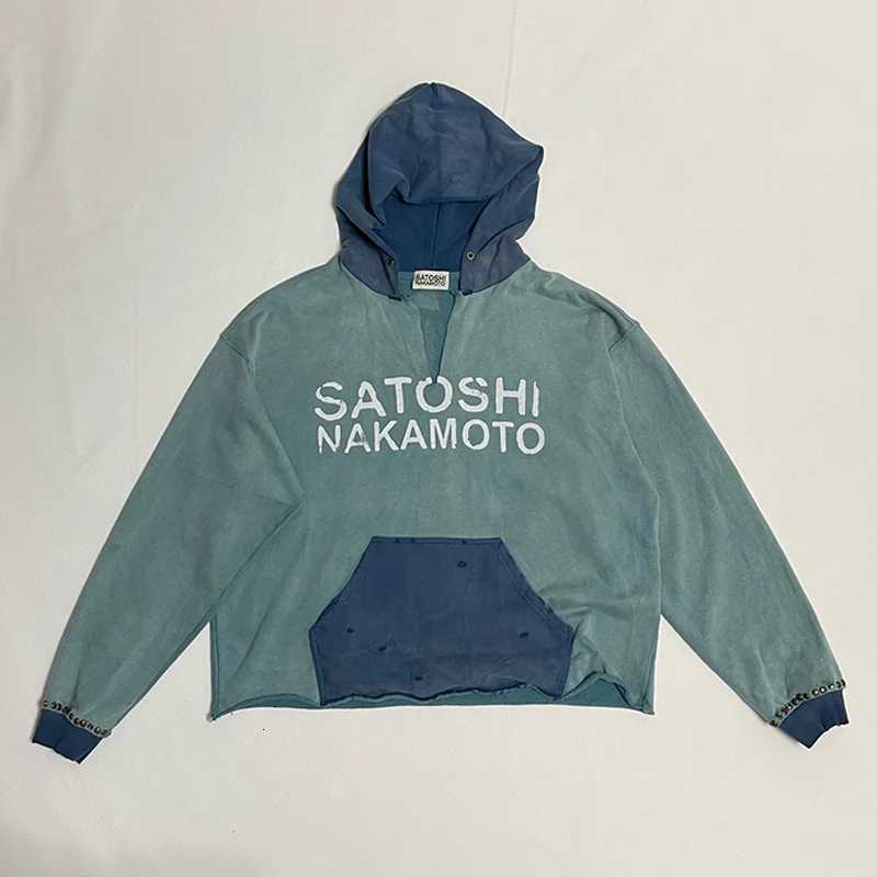 Men's Hoodies Sweatshirts 26FW Cotton Vintage Washed Green Patchwork Damaged Hole Rivet Rhinestone Pullovers Classic Satoshi Nakamoto Hoodie J2