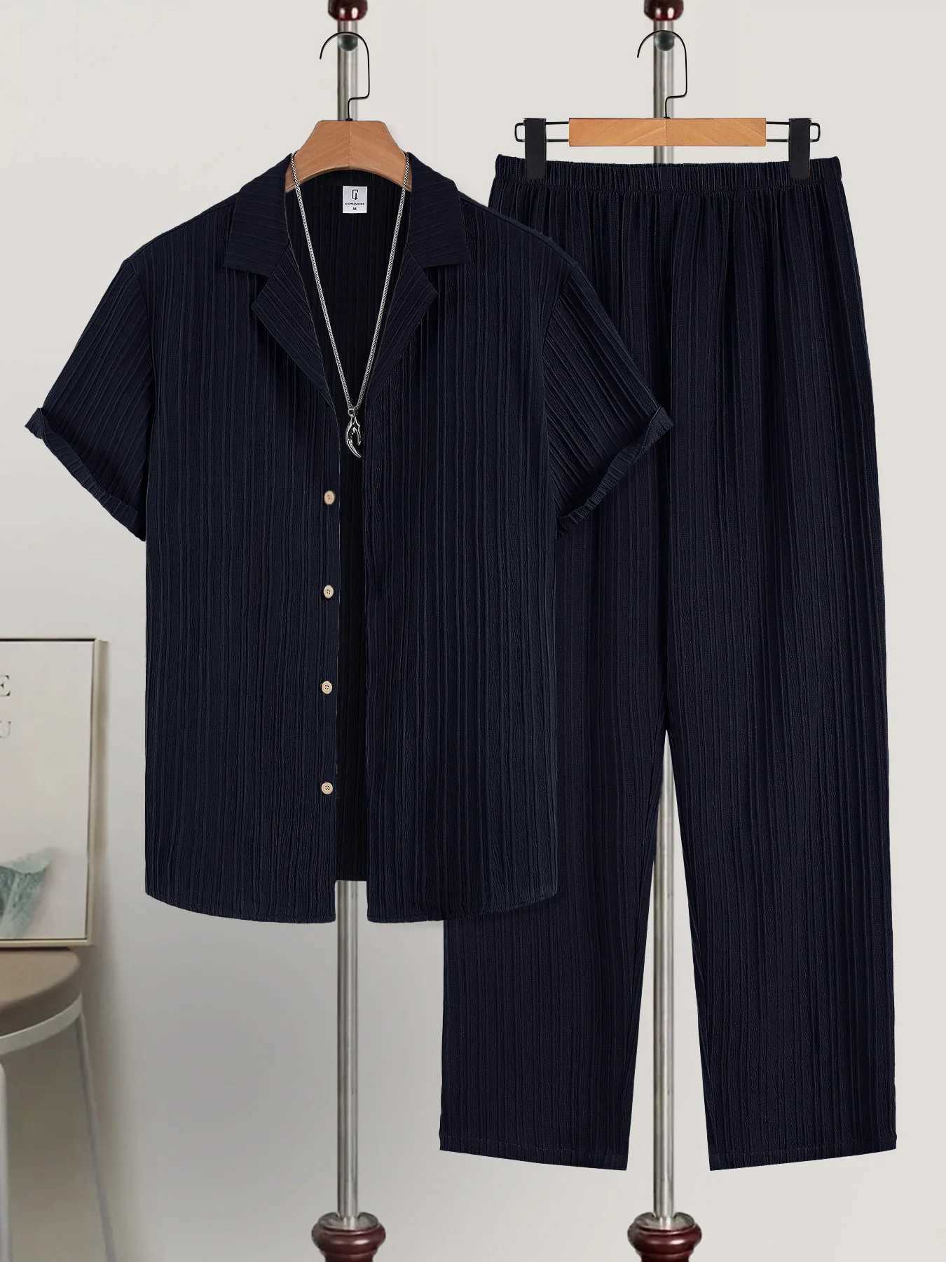 2 Men's Tracksuits Men's Piece Textured Outfits Navy Vertical Stripe Cuban Collar Shirt Drawstring Pants Set J260921