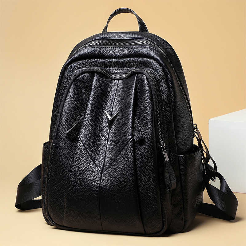 Black Women Backpack Genuine Style Cowhide Leather Backpack Anti Theft Hidden Zipper Casual Shoulder Bag with Side Pockets for Daily H260922