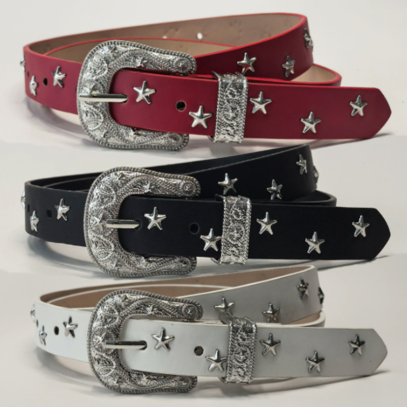 Y2K Star Studded PU Leather Belt Women Black White Red Subculture Hip-Hop Waistband Belts Fashion Streetwear Daily Wear 26L0922