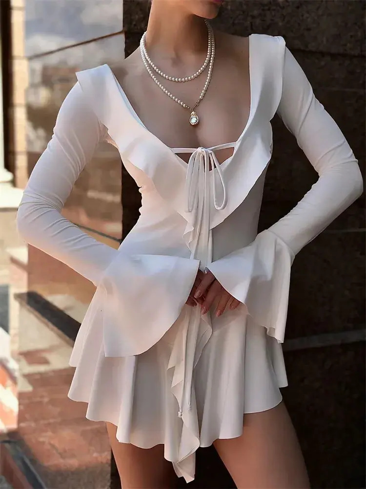 Urban Sexy Dress Ruffled Lace Up White Mini Womens V Neck Patchwork Long Sleeve Sexy Slim Bandage Elegant bodycon Female Summer Dress Women 08a