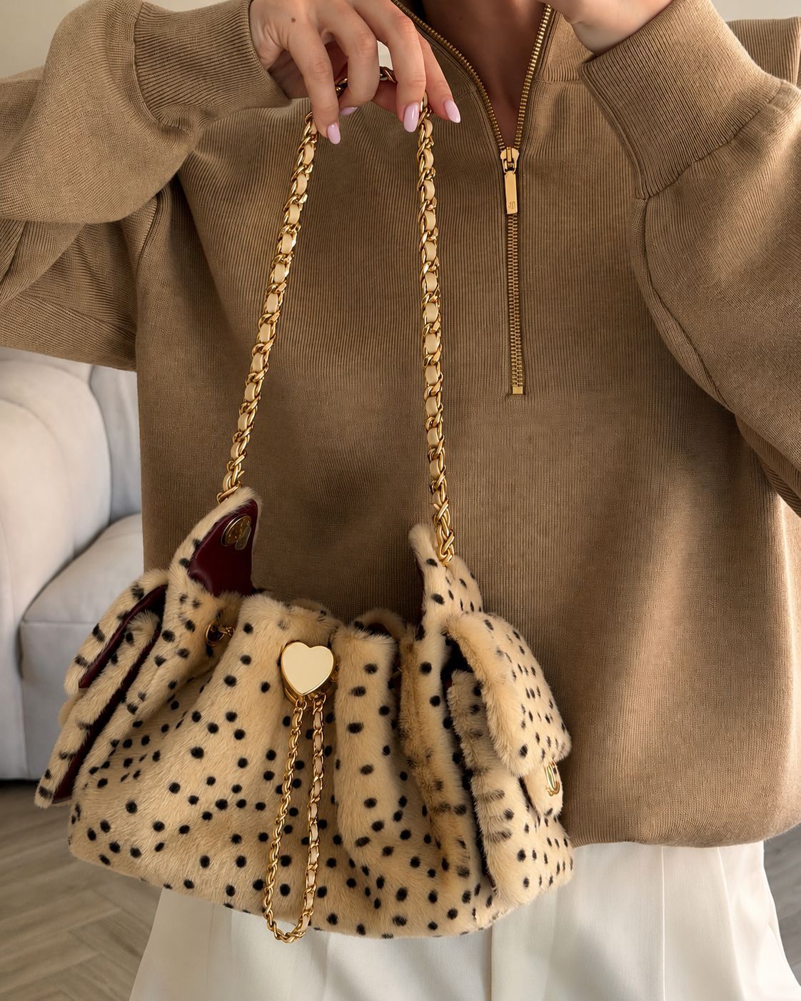 Leopard Print Faux Fur Bucket Bag Winter Fashion Fluffy Drawstring Shoulder Chain Crossbody Handbag