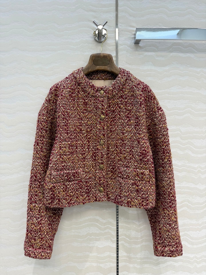 2026 Autumn Red Solid Color Woolen Tweed Panelled Jacket Long Sleeve Round Neck Buttons Single-Breasted Jackets Coat Short Outwear WS6S21 Check Size