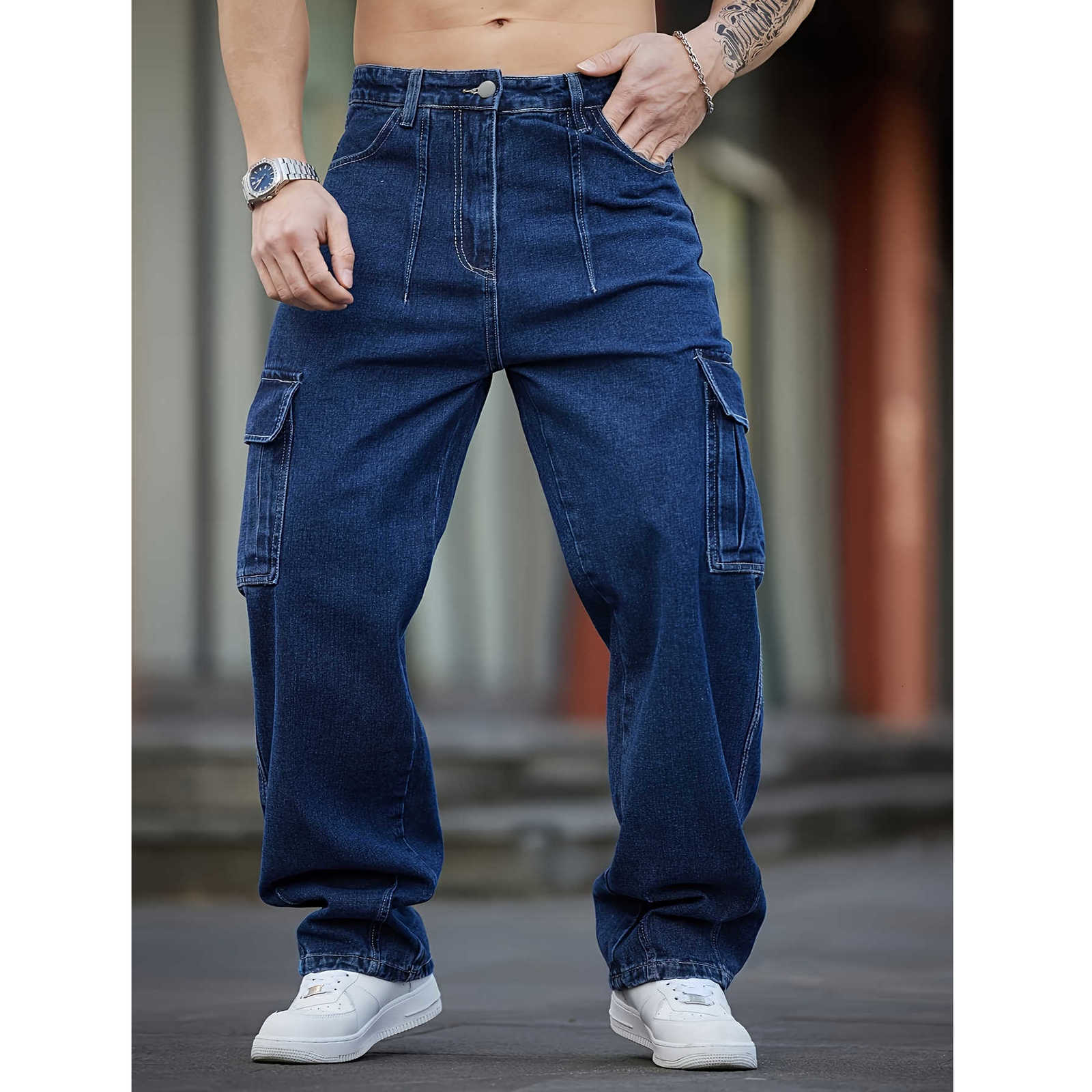 Men's Men's Jeans Deep Blue Washed Denim Workwear Jeans Casual Multiple Pockets Design Loose Wide Leg Trousers Y2K Style Cargo Pants T2609