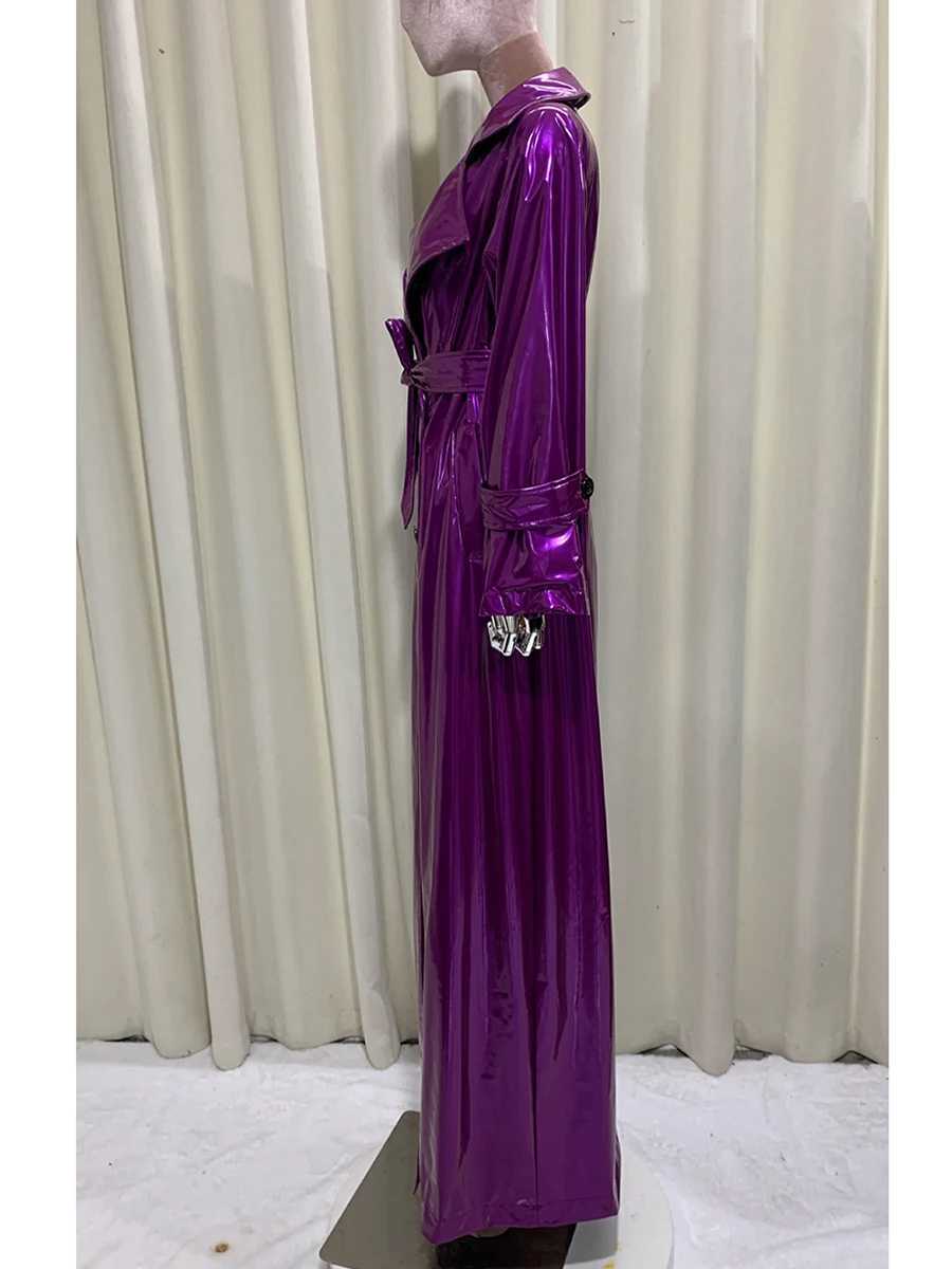 Extra Spring Autumn Long Shiny Reflective Soft Thin Purple Patent Leather Coat for Women Runway European Fashion Emo Streetwear C260921