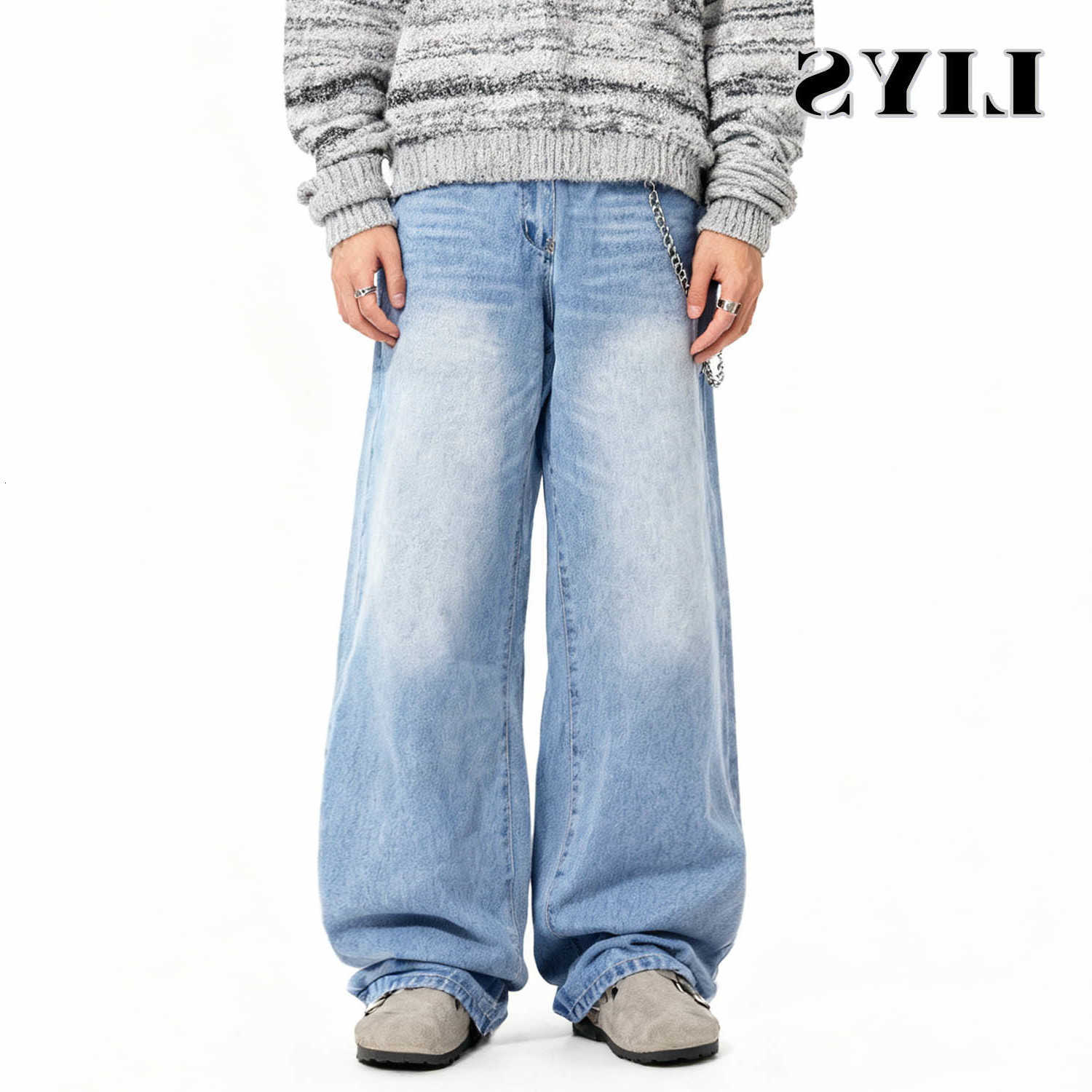 Jeans LIYS Men's Spring Summer New Light Blue Retro Washed Ultra Baggy Wide Leg Jeans Men's Women Y2K Fashion Denim Pants Unisex Clothes T