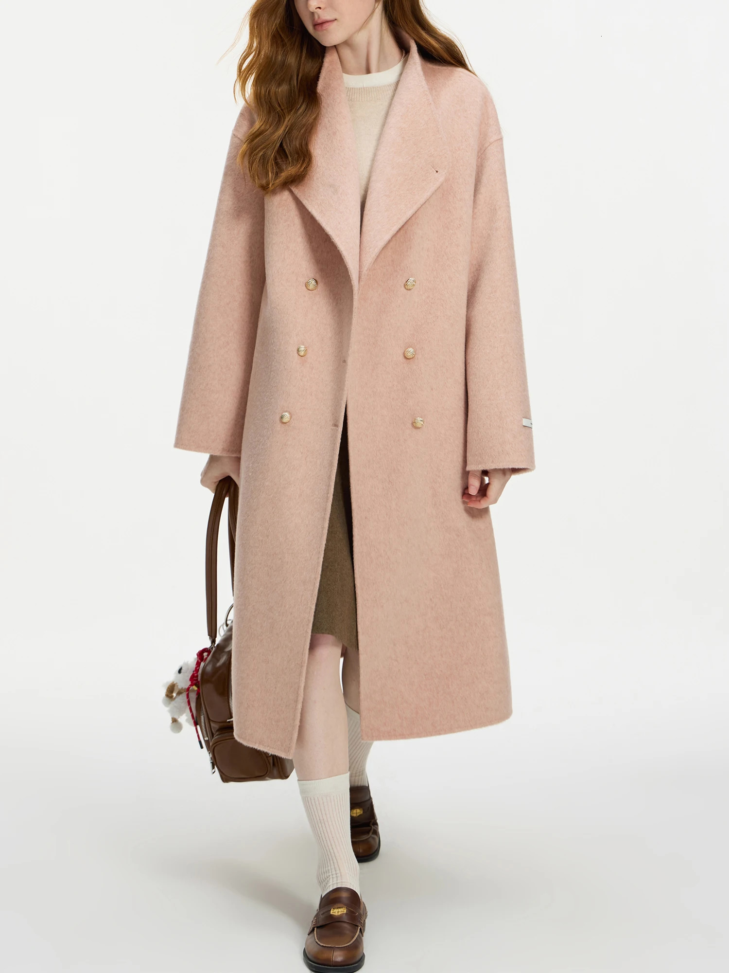FSLE Wool 100% Double Breasted Stand Up Collar Double-sided Woolen Coat for Women's Autumn Winter Woolen Coat 260922