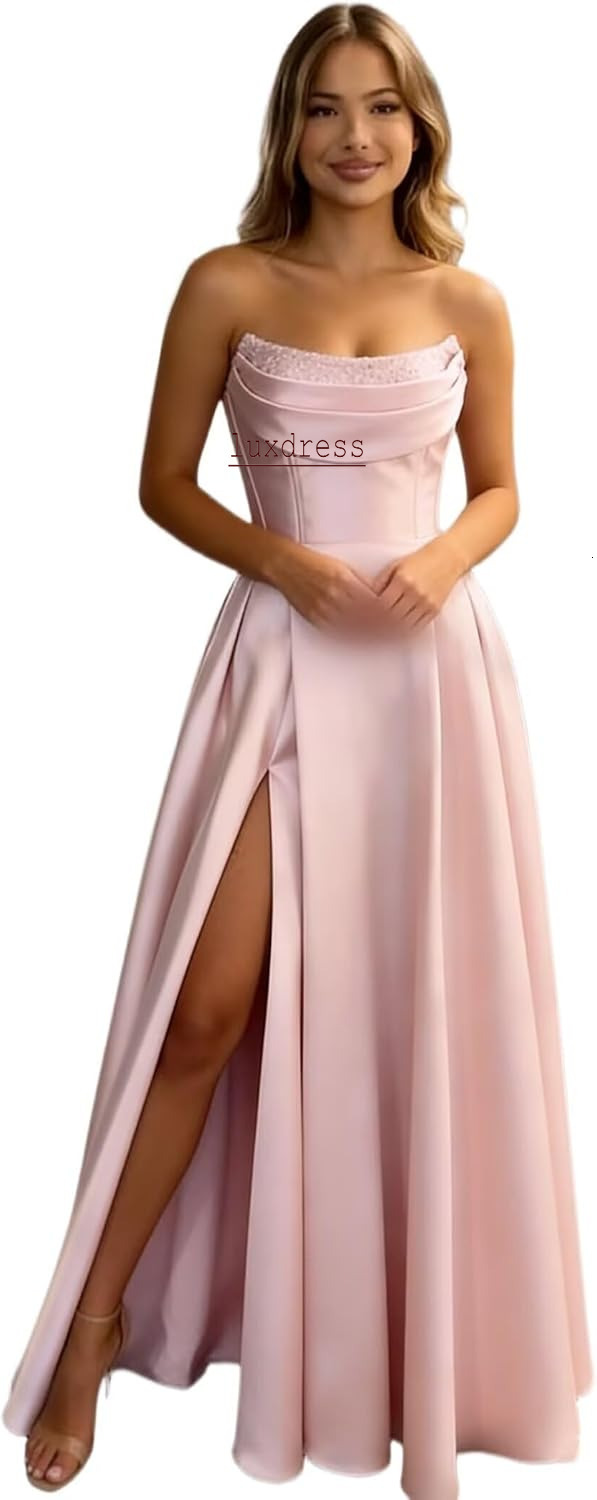 Elegant Strapless Pink Bridesmaid Dresses With Split A Line Criss Cross Backless Satin Prom Dress Women Simple Evening Gowns