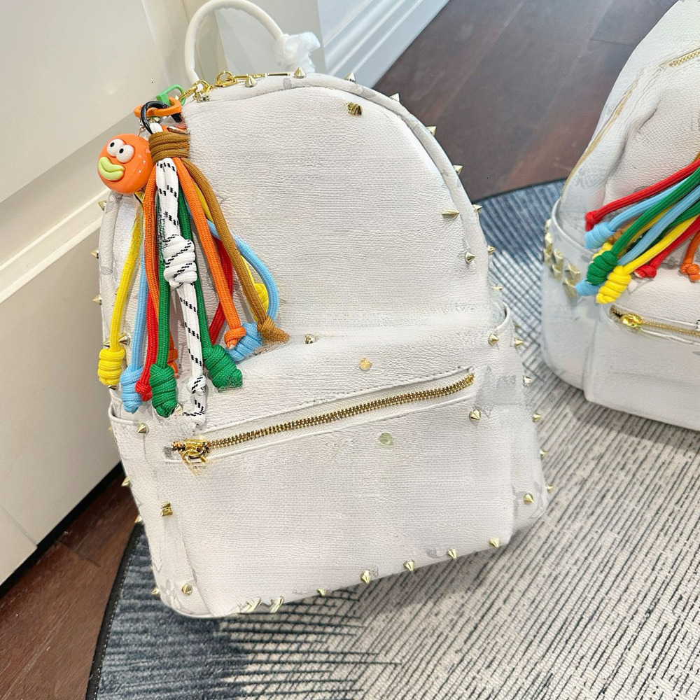 designer bag White Monogram Print Rivet Backpack Women Vintage Pattern Mini Travel Rucksack With Colorful Pendant Ladies Casual School Bag for casua