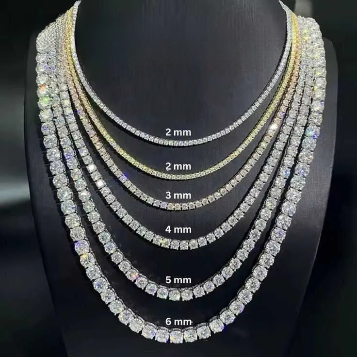2mm 3mm 4mm 5mm 6mm D VVS Moissanite Diamond Tennis Chain Necklace 925 Sterling Silver Hip Hop Jewelry