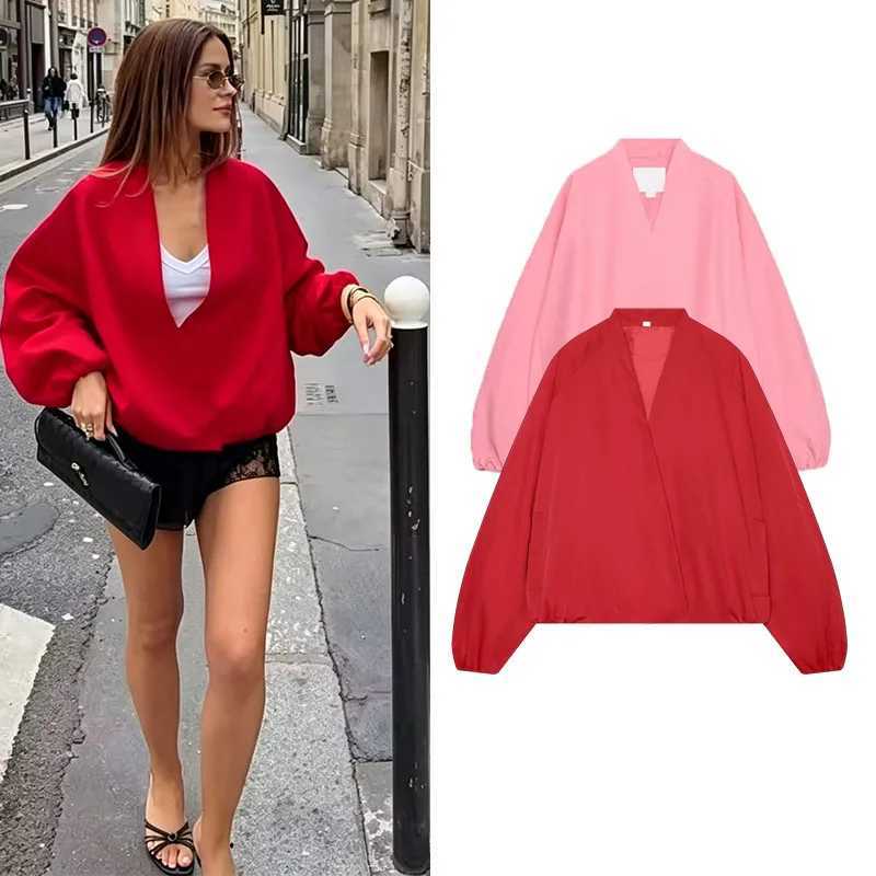 Women's Jackets Guobioziy 2026 Autumn New Loose Women Wrap Blouse Deep V Neck Lantern Sleeve Casual Solid Color Shirt Tops C260921