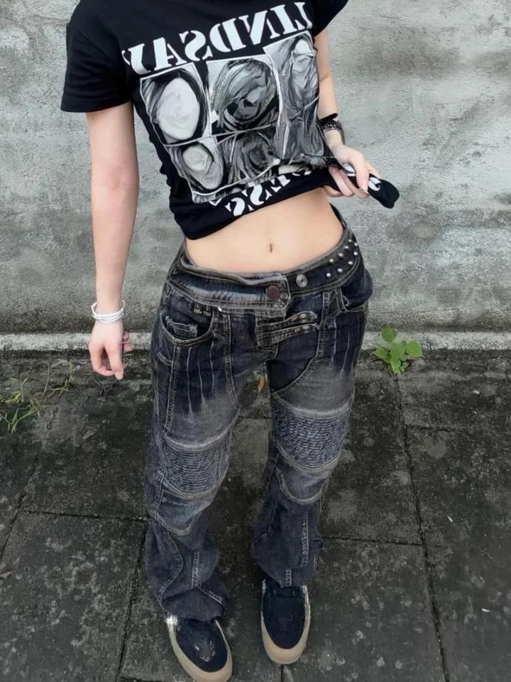 American Vintage Washed Distressed Pleated Button Jeans Women Streetwear Y2k Retro Full Length Pants Slim Spring Summer 260921