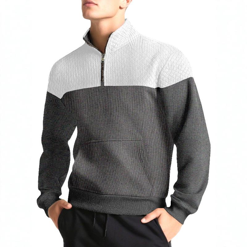 Sweat-shirt à col montant en tricot gaufré pour hommes, pull à manches longues avec fermeture éclair quart de tour, avec poche avant, doux et res