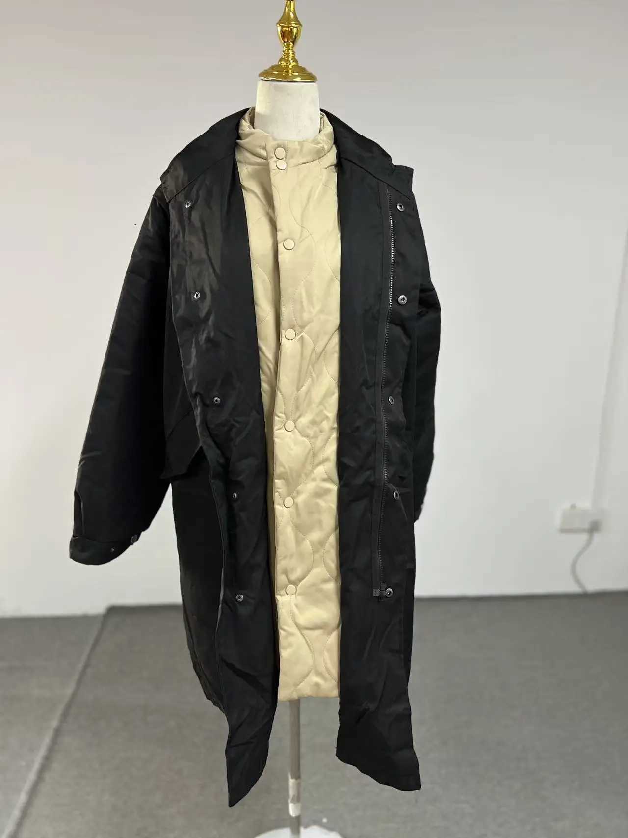 Down Parkas Winter Japan Men's Vintage Fake Two Piece Inner Pot Parkas Unisex Standing Collar Long Padded Coat Unisex Cityboy Simple Thicken Co