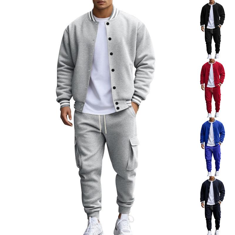 Mens Two Piece Casual Outfit Striped Rib Collar Varsity Bomber Jacket Cargo Jogger Pants Drawstring Waist Matching Tracksuit Set