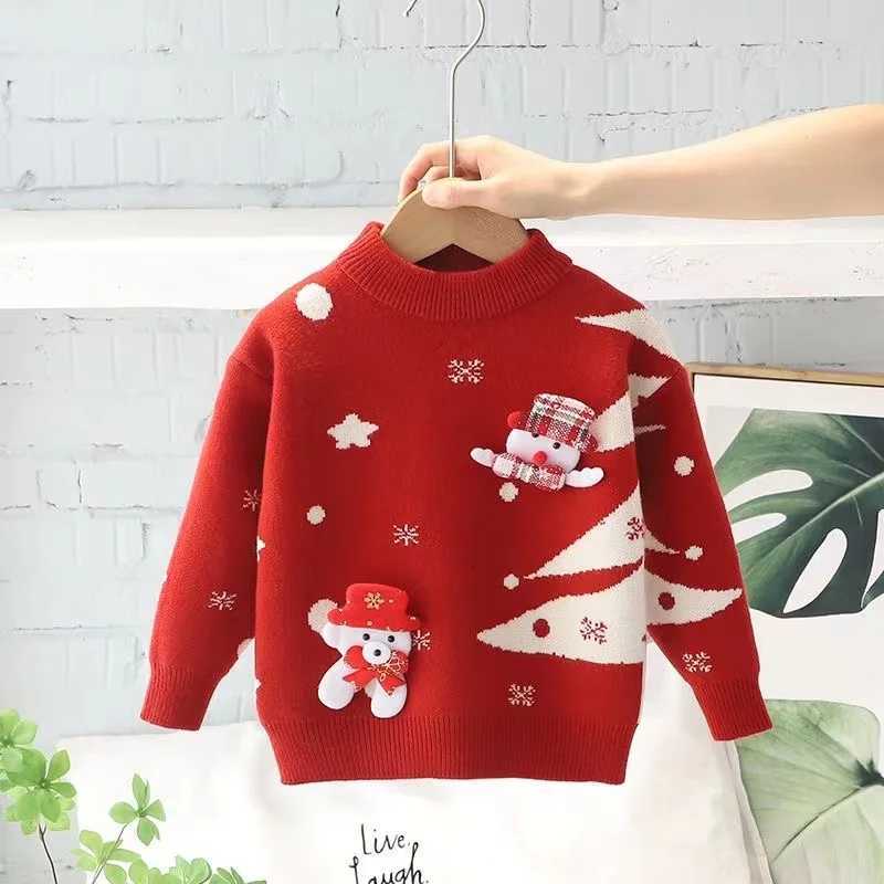Children's Pullover Girls Pullover Sweater Plush And Thickened Baby Girls Christmas Cartoon Girls New Year Clothes Red Knitwear Top Kids C26092