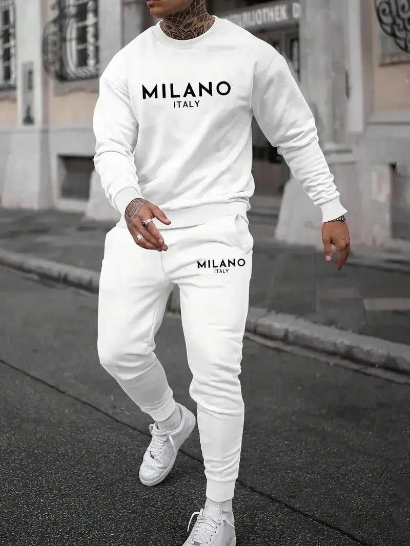 new The Men's Tracksuits men's round-neck hoodie set for Spring and Autumn 2025 features a casual and comfortable 3D letter pattern print
