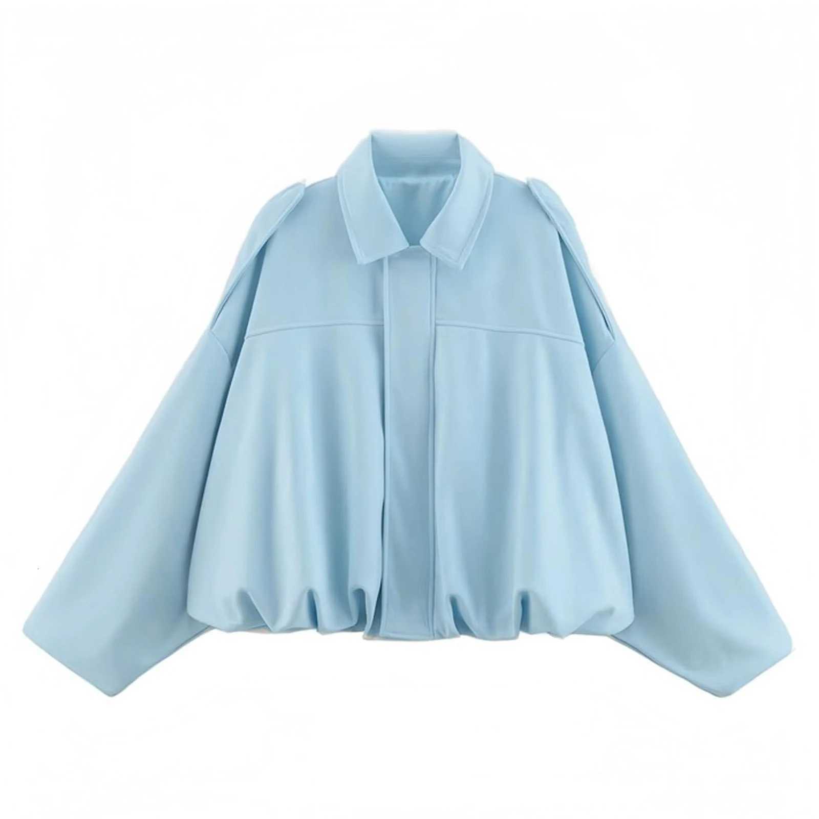 Women's Jackets Light Blue Bomber Jackets Women Casual Lantern Long Sleeve Oversized Coat Autumn Winter Suede Stand Collar Jackets Outwear C260