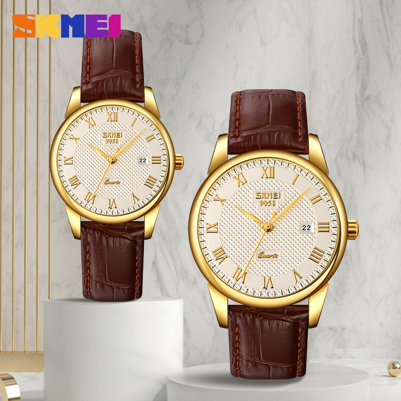 Cross-border Hit Moment Classic Emoji Couple Business Quartz Watch Men and Women Genuine Leather Strap Waterproof 9058