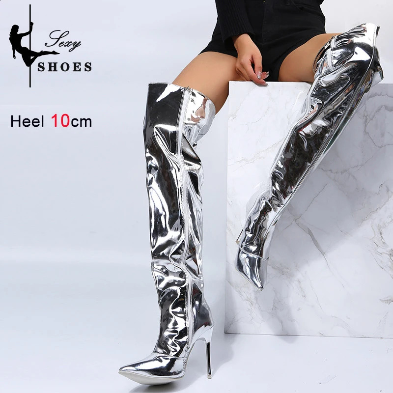 Tacones Botas largas Mujer Otoño Invierno Sobre la rodilla exy Espejo plateado Botas altas hasta el muslo T Show Punta puntiaguda Zapatos de fiesta