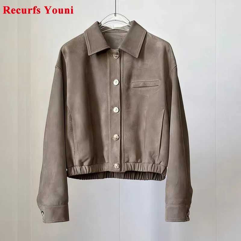 2026 Women Clothes Suede Leather Jacket for Woman Kid Suede Single-breasted Square Neck Loose Coat Grey Green jaqueta Couro C260921