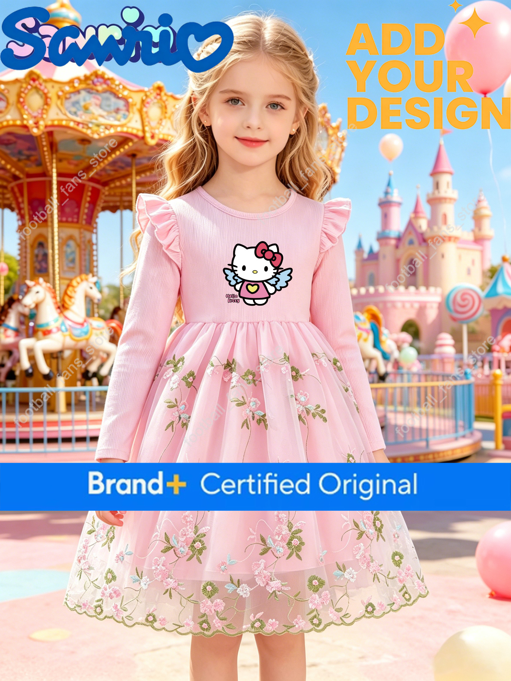 Hello Kitty Kids Dress, Sanrio IP Cartoon Print, 3D Floral Tulle Long Sleeve Dress for Girls 08