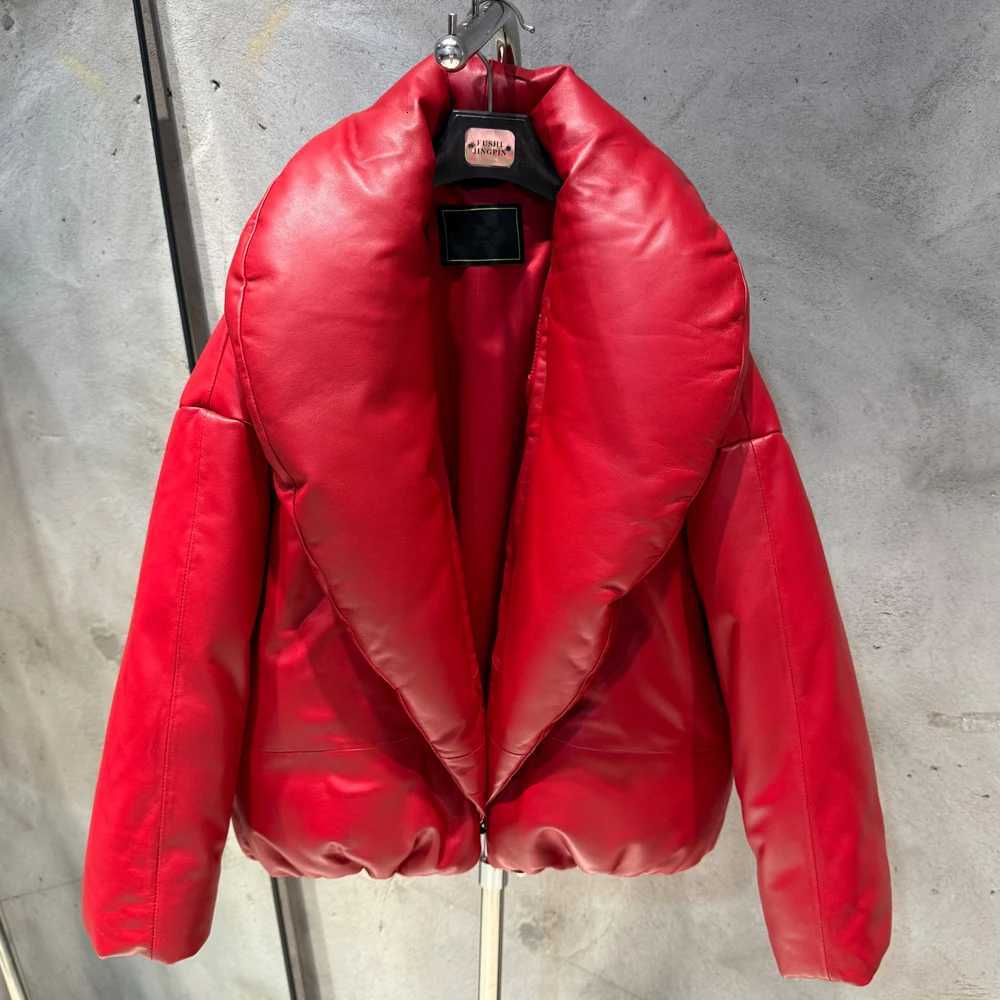 Winter Oversized Women Real Leather Down Coat Casual Outerwear Genuine Leather Down Jacket C260921