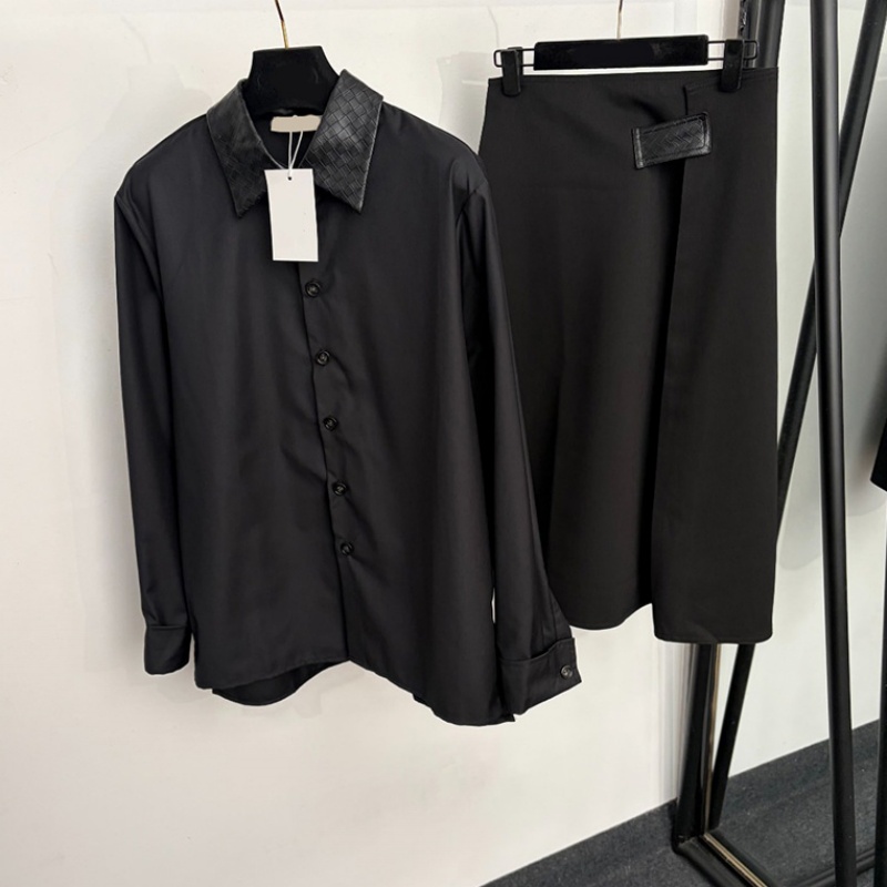 Luxury Woven Leather Collar Shirt High Waist Skirt Set Women Vintage Black Long Sleeve Blouse Office Minimalist Midi Skirts