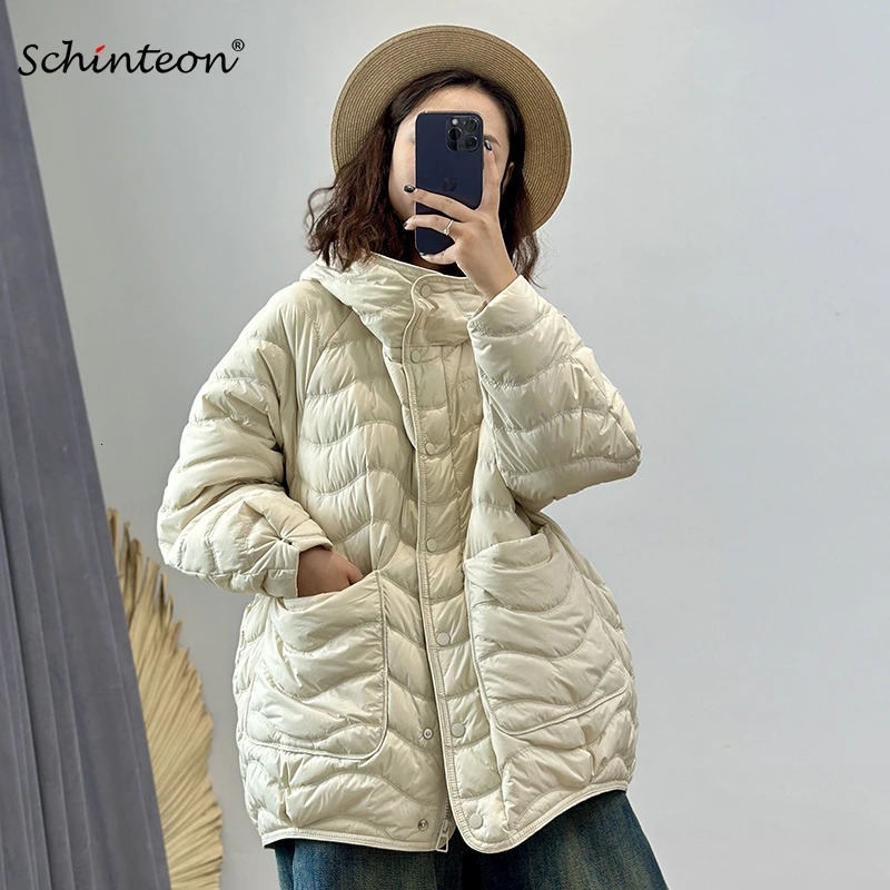 Schinteon Women 90% White Duck Down Jacket Casual Loose Over Size Autumn Winter Light Outwear with Hood Top Quality Coat 2026 260921