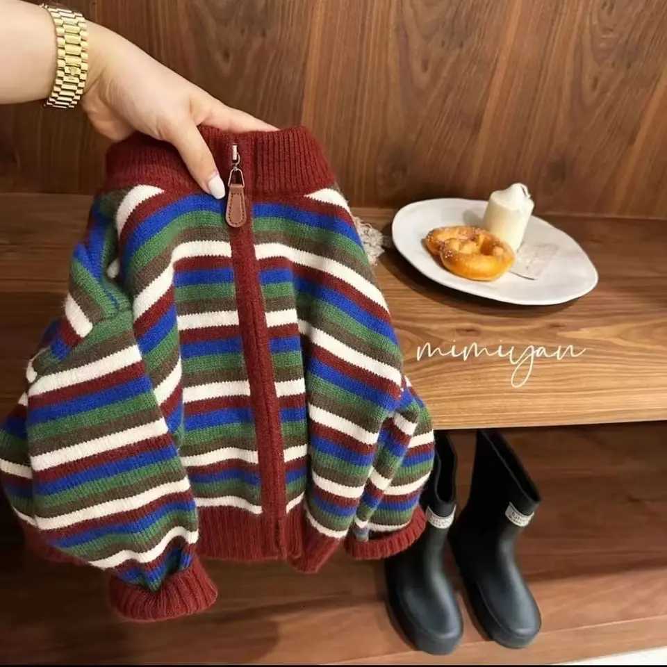 2026 New Boys Korean Pullover Style Autumn Sweaters for Kids Loose Color Block Striped Knit Cardigans for Fall and Winter Fashion C260921