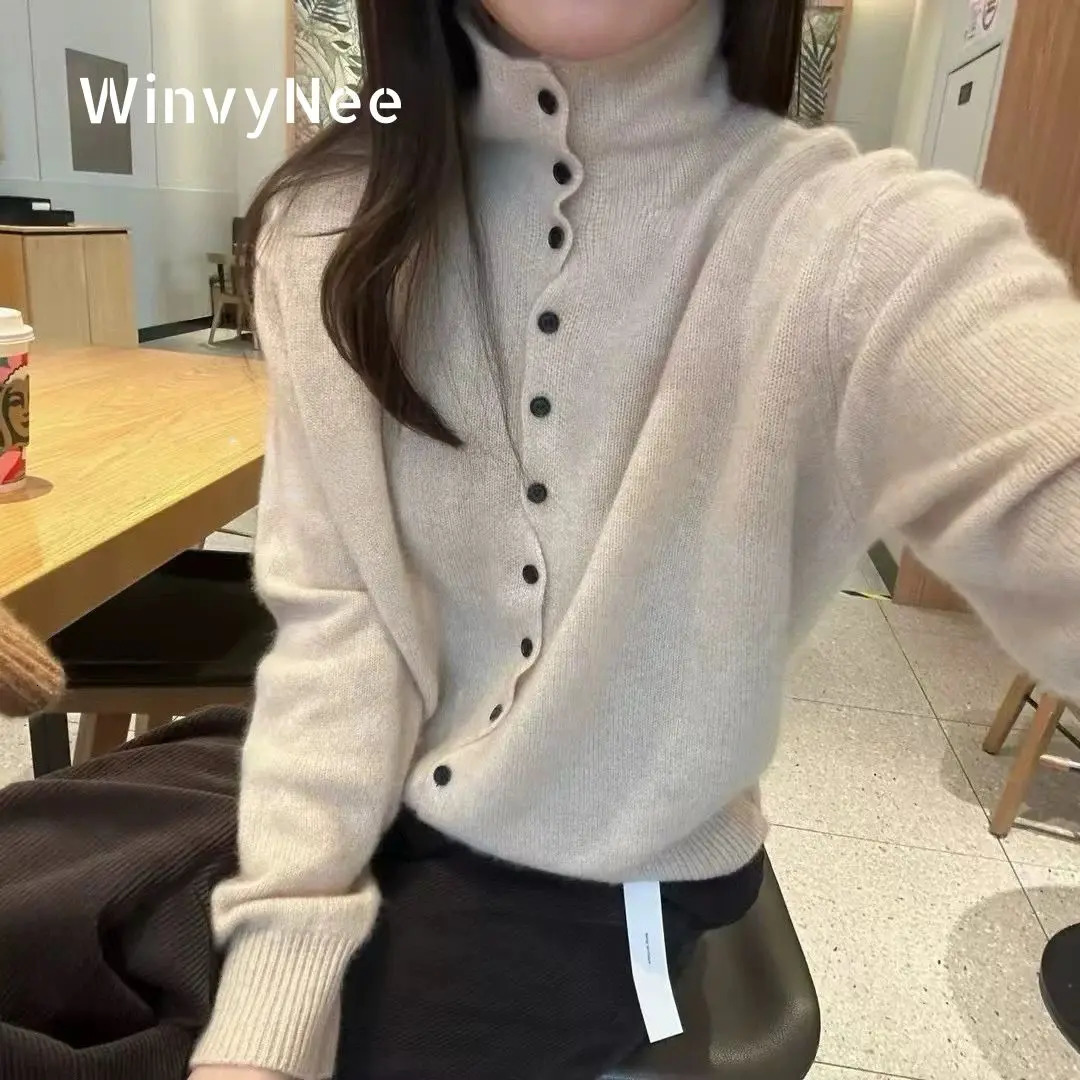 WinvyNee Women's Clothing 100% Wool Sweaters Turtleneck Long Sleeve Solid Buttons Pullovers Soft Knitwear Tops Autumn A1683006 260921