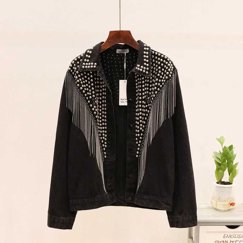 Women's Jackets 2024 Autumn Streetwear Denim Jacket Women Hand-studded Rivet Tassel Chain Short Jeans Jacket Loose Vintage Casual Black Coats C