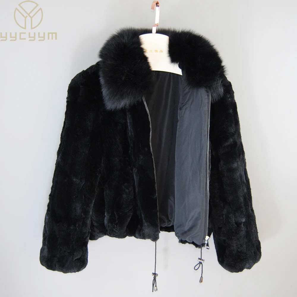 Fashion Lady 100% Natural Rex Rabbit Fur Coat Women Winter Thick Warm Jacket With Quality Fox Collar 260922