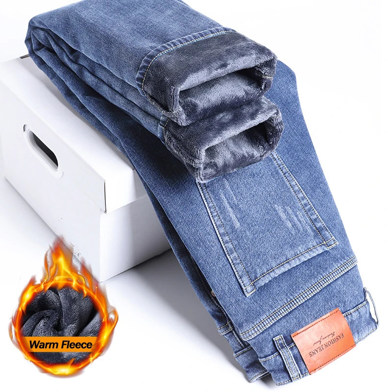 2025 Jeans in pile invernale Moda uomo Elastico Slim Pantaloni dritti caldi Addensare Business Casual Coreano Pantaloni in denim termico 260922