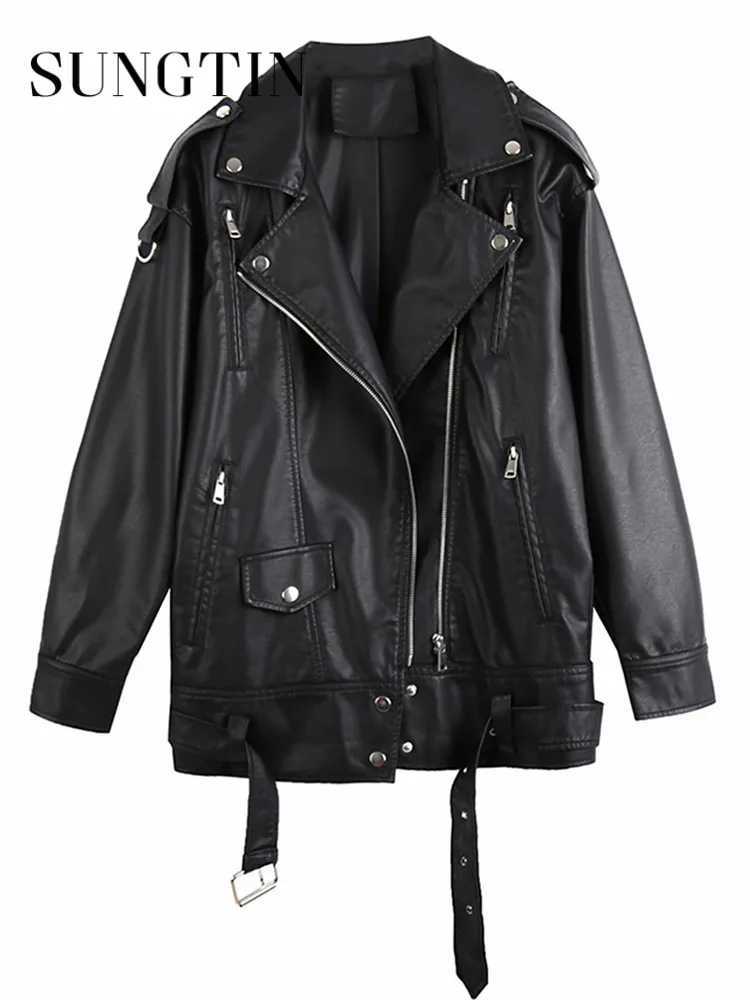 PU Sungtin Black Leather Jackets Women with Belt Oversized Korean Loose Motorcycle Faux Leather Jackets Fashion Causal Outerwear C260921
