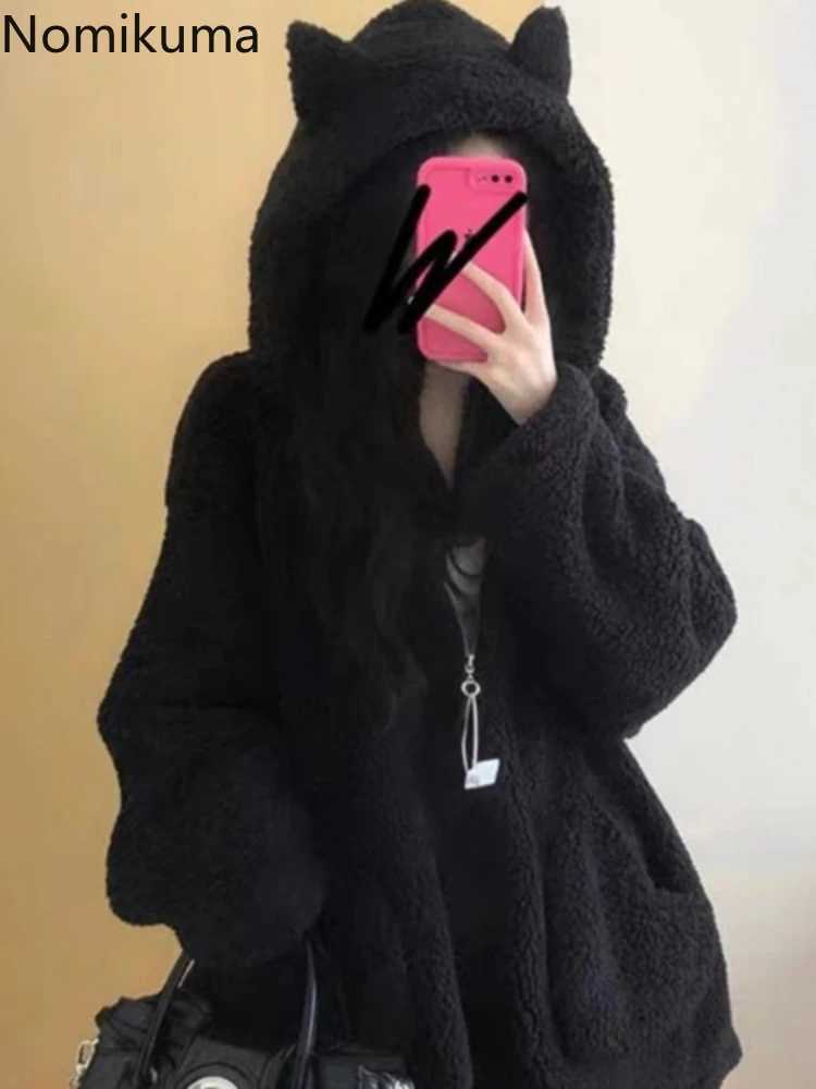 Women's Jackets Streetwear Black Jackets Women's Lambhair Ear Hooded Sweatshirt Y2k Tops 2025 Ropa Mujer Casual Zipper Thicked Oversized C