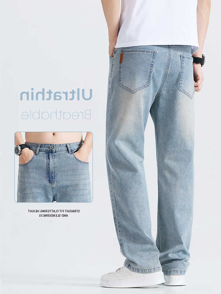 Breathable Men's Jeans Soft Men's Casual Jeans Summer Ultra-thin Straight Loose Business Trousers Male Blue Fashion Denim Pants T260922